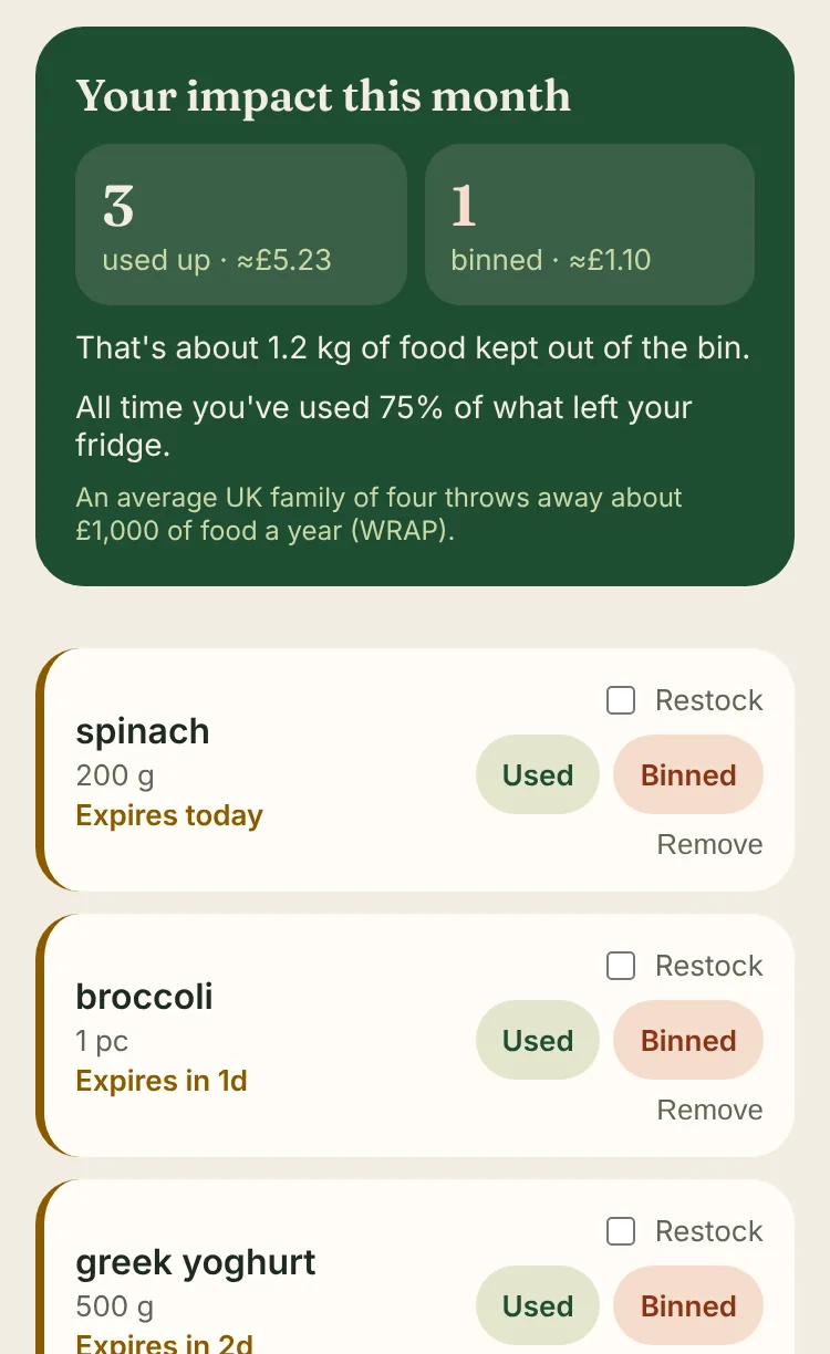 Fridge list of ingredients, each with a quantity and an expiry countdown