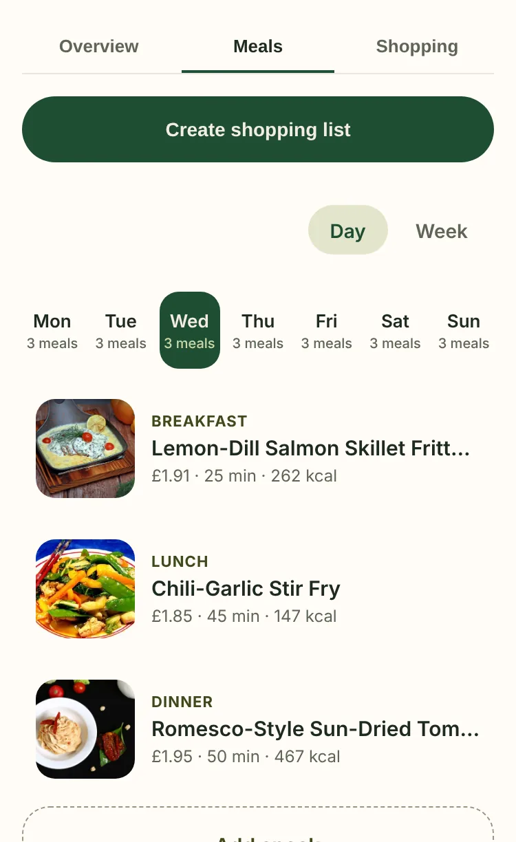 Weekly meal plan showing breakfast, lunch and dinner, each with a price and calories