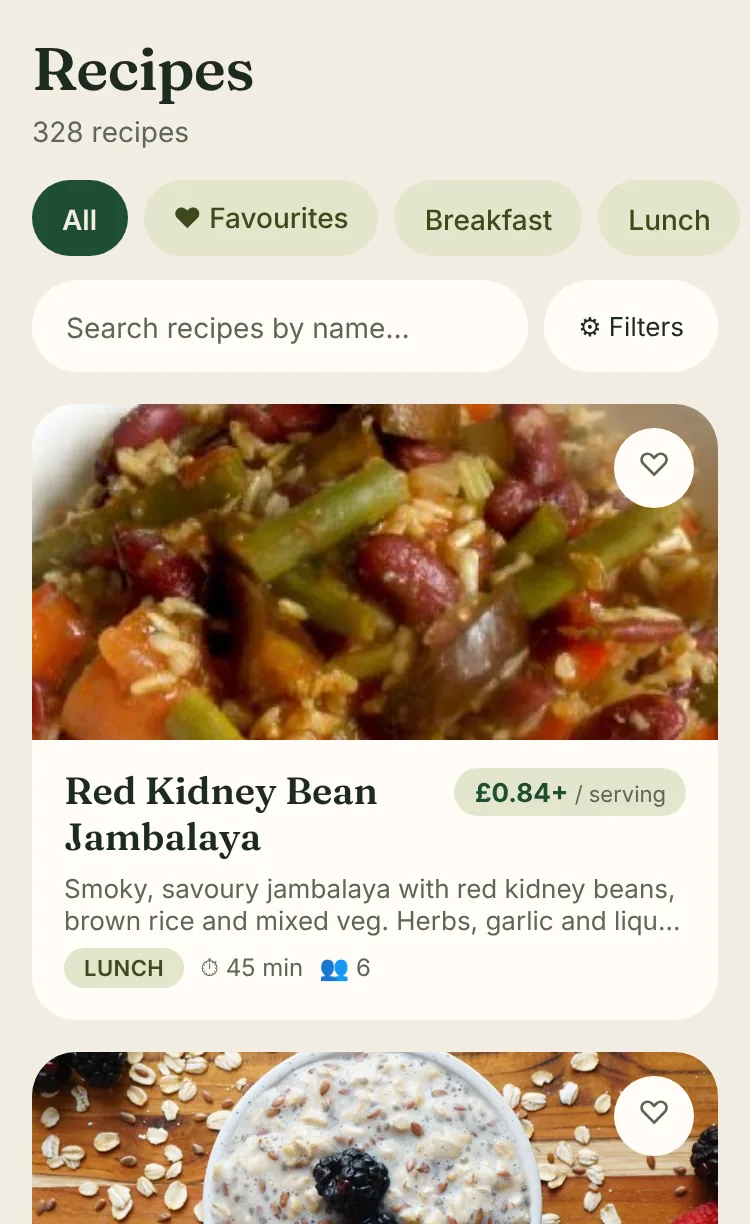Recipes list filtered to breakfast, each smoothie recipe showing its price per serving